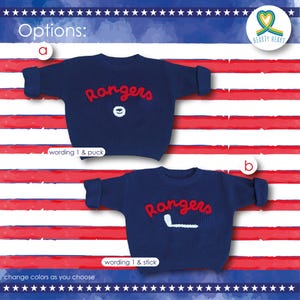 sweater with embroidered Rangers wording which stand for New York Rangers, Ice Hockey team sweater, New born baby clothes, gender reveal ideas, Baby name sweater, New York team
