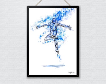 May include: A black and white line drawing of a person in a dance pose, with blue watercolor splatters in the background. The artwork is framed in a black frame.
