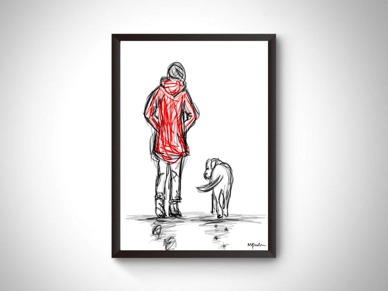 Op de afbeelding: Een ingelijste kunstdruk met een persoon in een rode jas en een hond. De schets is in zwart-wit met rode accenten, wat een minimalistische stijl laat zien. Het kunstwerk legt een moment van kameraadschap vast.