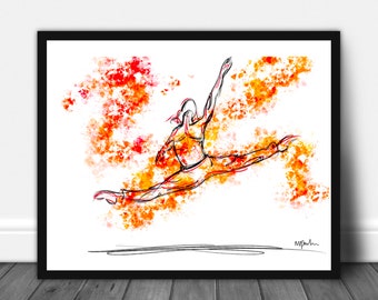 May include: A black and white line drawing of a dancer in mid-air, with a red and orange watercolor background. The dancer is wearing a red and orange outfit and has their arms outstretched. The background is a splatter of red and orange paint.