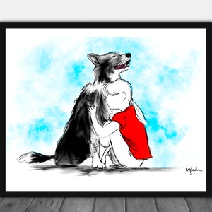 Dog and girl portrait, dog artwork, girl and dog print, wall print, dog custom artwork, dog art print, dog portrait, personalised dog print