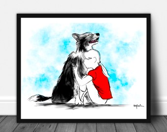 Dog and girl portrait, dog artwork, girl and dog print, wall print, dog custom artwork, dog art print, dog portrait, personalised dog print