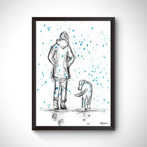 May include: A black and white line drawing of a person walking a dog in the snow. The background is white with blue dots representing falling snow.