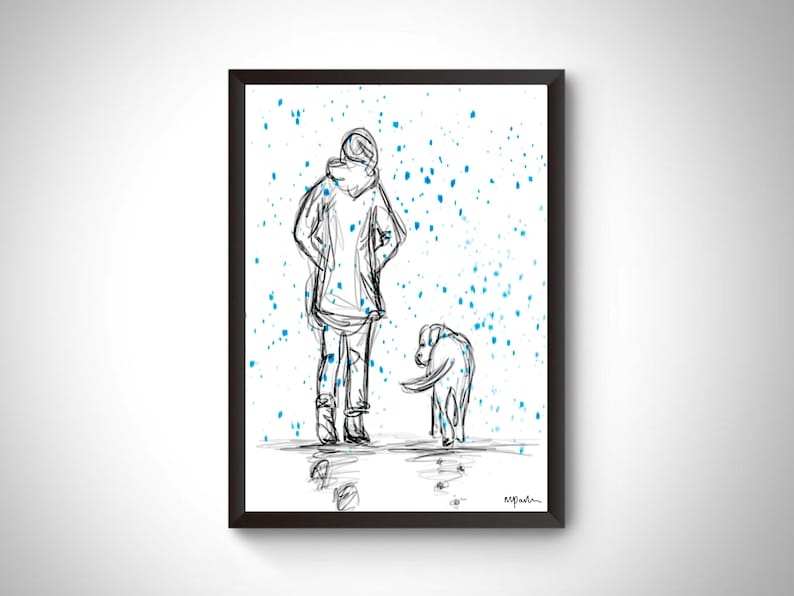 May include: A black and white line drawing of a person walking a dog in the snow. The background is white with blue dots representing falling snow.
