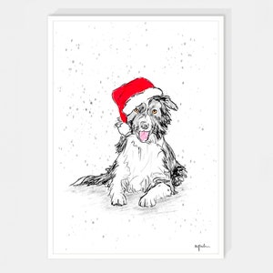 May include: A black and white border collie dog wearing a red Santa hat, sitting in a snowy scene.