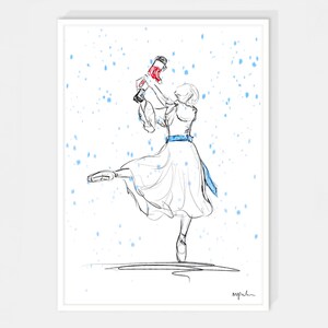 May include: A black and white line drawing of a ballerina wearing a white dress and a blue sash, holding a red object above her head. The background is white with blue dots.