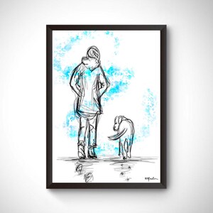 May include: A black and white line drawing of a person walking a dog. The background is a light blue watercolor wash.