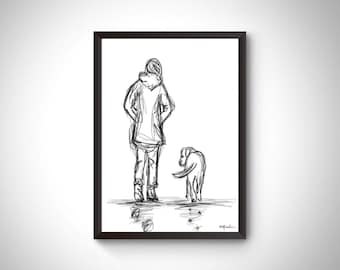 Dog walker art print, personalised dog art, minimalist abstract art, digital art, dog portrait, dog art print, dog lover art, dog artwork