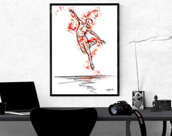 May include: A black and white line drawing of a dancer leaping in mid-air, surrounded by red and orange watercolor splatters. The drawing is framed in a black frame and hanging on a white wall.