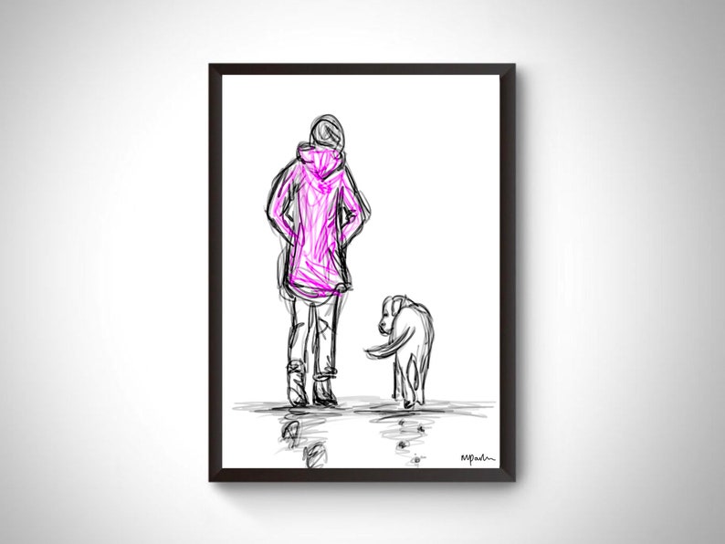 Op de afbeelding: Zwart omlijste kunstdruk met een schets van een persoon in een roze hoodie en een hond. De hond kijkt weg. Het kunstwerk gebruikt zwarte en roze lijnen op een witte achtergrond, in een minimalistische stijl.