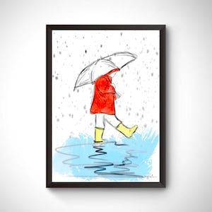 Op de afbeelding: Een aquarel-illustratie van een persoon in een rode jas en gele regenlaarzen die met een paraplu in de regen loopt. De persoon loopt door een plas water.