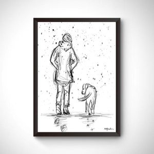 May include: Black and white line drawing of a person walking a dog in the snow. The person is wearing a hooded jacket and the dog is a small breed.