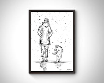 Dog Walker kunstprint, hondenloper cadeau kunstprint, hondenportret, gepersonaliseerde hondenkunst, hondenloper kunst, weer, hondenwandeling geschenken, hondenkunstprint