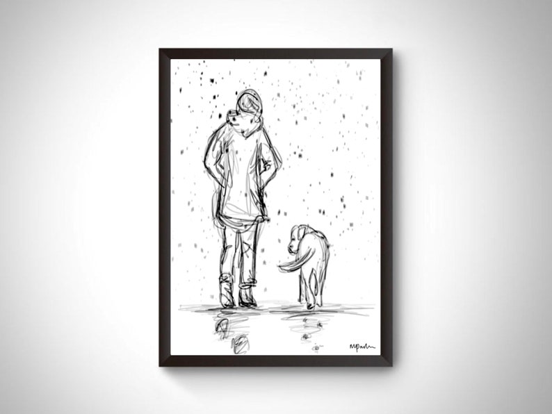 May include: Black and white line drawing of a person walking a dog in the snow. The person is wearing a hooded jacket and the dog is a small breed.