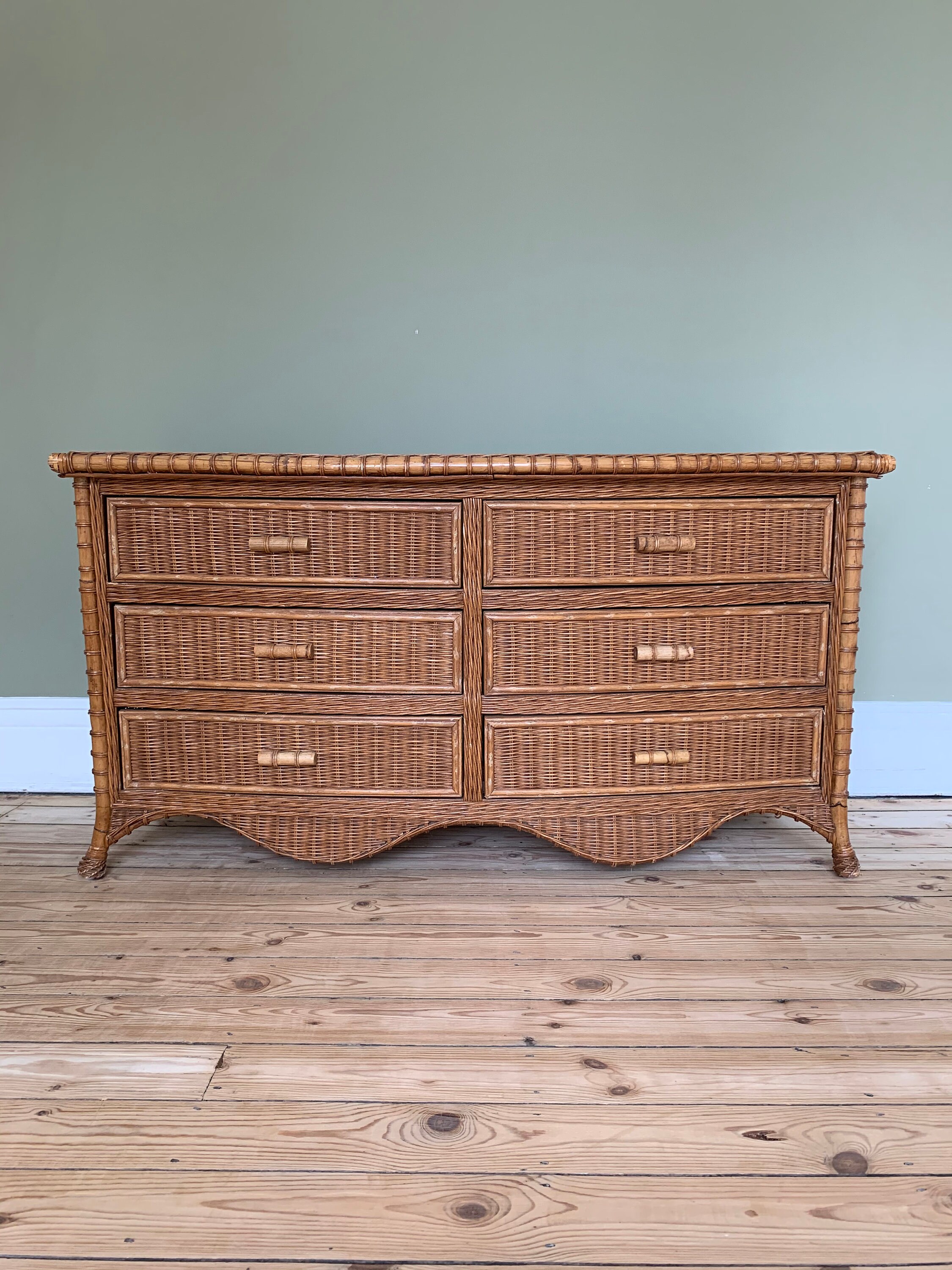 SOLD Mid Century RATTAN BAMBOO Chest of Drawers Etsy