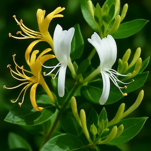 May include: Close-up of honeysuckle flowers with white and yellow blooms. The flowers have long, delicate stamens and are surrounded by green leaves. The background is a blurred green.