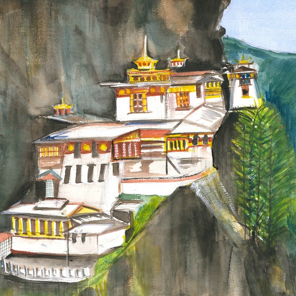 Tiger’s Nest Bhoutan, Landscape Painting, Instant Digital Download, Watercolor Art, Cliff Monastery, Tourist Landmark Spot, Vues pittoresques