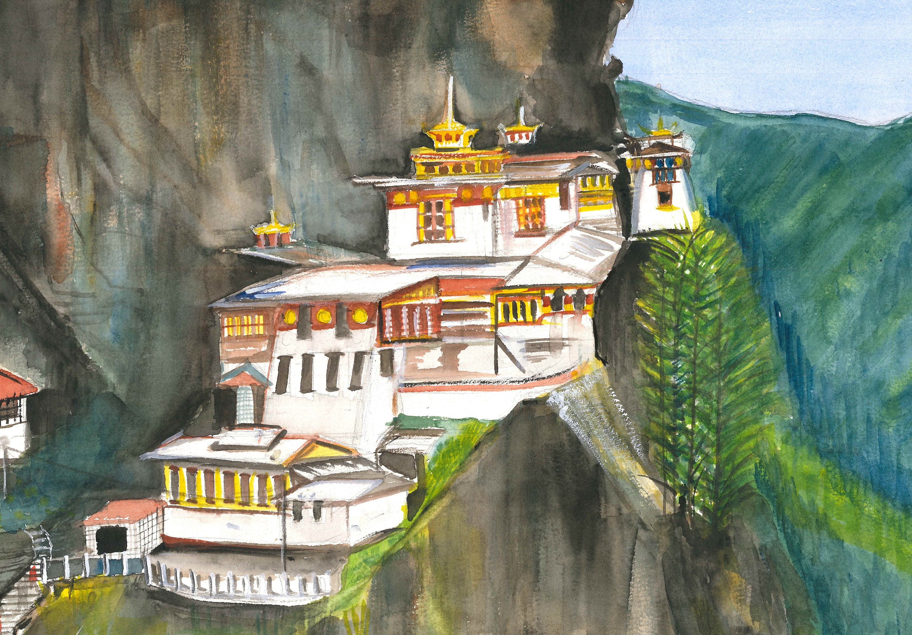Tiger's Nest Bhutan, Landscape Painting, Instant Digital