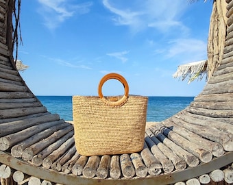 Bast Tasche häkeln Muster, Sommer Geldbörse mit Holzgriffen DIY, Stroh Strandtasche PDF Download, Häkeln Boho Tote Markttasche Anleitung