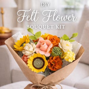 Kit bricolage bouquet de fleurs en feutre - Tournesols, marguerites, roses, oeillets, hortensias