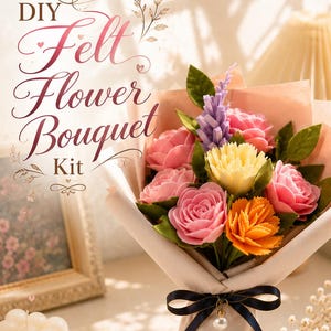 May include: A DIY Felt Flower Bouquet Kit featuring a bouquet of pink, orange, yellow, and purple felt flowers with green leaves, wrapped in light beige paper and tied with a dark blue ribbon featuring a small white pearl charm.