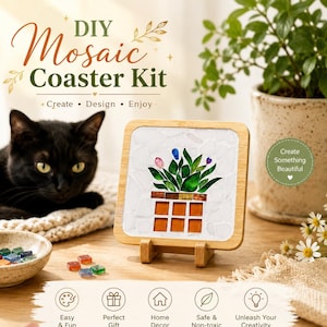 May include: A DIY Mosaic Coaster Kit featuring a square wooden frame holding a mosaic tile design of a potted plant with green leaves and colorful petals. The kit includes small square tiles in a ceramic bowl and text reading DIY Mosaic Coaster Kit.