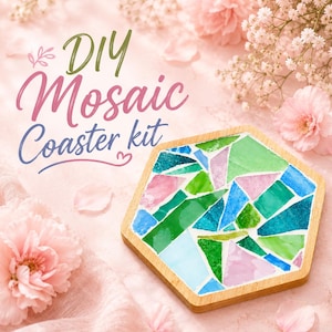 May include: DIY Mosaic Coaster kit. A wooden, hexagonal coaster with a mosaic design of pink, green, and blue glass pieces. The text "DIY Mosaic Coaster kit" is displayed above the coaster in a decorative font, with pink flowers in the background.