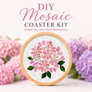 DIY Pink Hydrangea Floral Mosaic Coaster Kit, Handmade Craft Kit, Beginner Friendly DIY Gift, Relaxing Art Project, Home Decor Kit