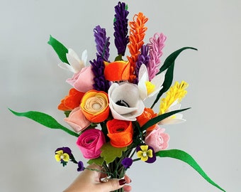 Handmade felt flower bouquet - Big Felt flower bouquet for Valentines day, Ranunculus, Roses, Pansies, Anemone, Lilies, Mother's day gift