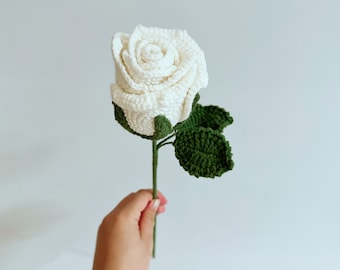 Crochet single white rose - handmade finished roses, wrapped for gifts, mother's day, valentine's day gift