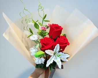 Crochet roses & lilies bouquet - mother's day, valentine's day, birthday, Roses, Lilies, Peapods,  Wrapped flower bouquet