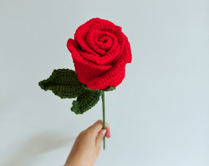 Crochet Single Red Rose - Handmade Finished Roses, Wrapped for Gifts ...