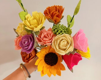 Handmade Felt flower bouquet - multiple flowers bouquet,Sunflower, Daisies, Carnations, Roses, Hydrangea, Finished bouquet, Mother's day