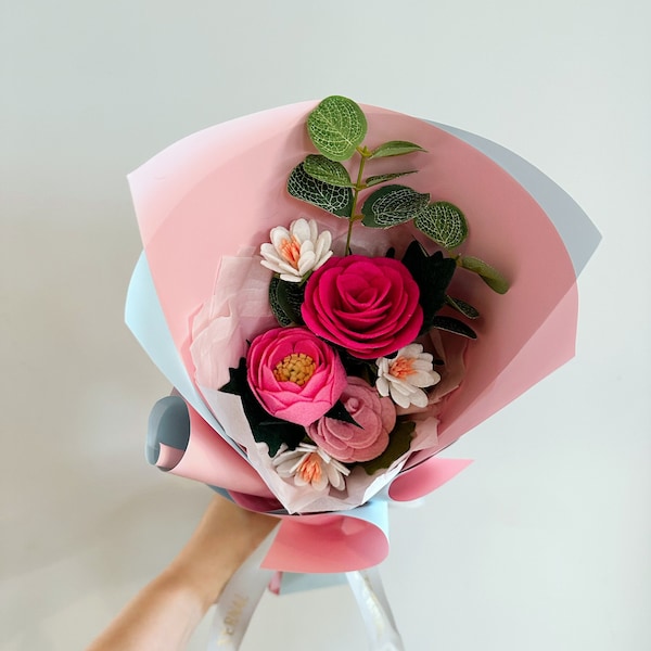 felt flower bouquet - Pink flower bouquet , Felt flowers for mother's day, birthday, Rose, Peony,Daisies, handmade flowers