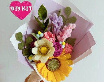 DIY mini felt & pipe cleaner flower bouquet kit - Sunflower, Roses, Lavenders, Wildflowers, Daisies, No Cutting, flower crafts materials