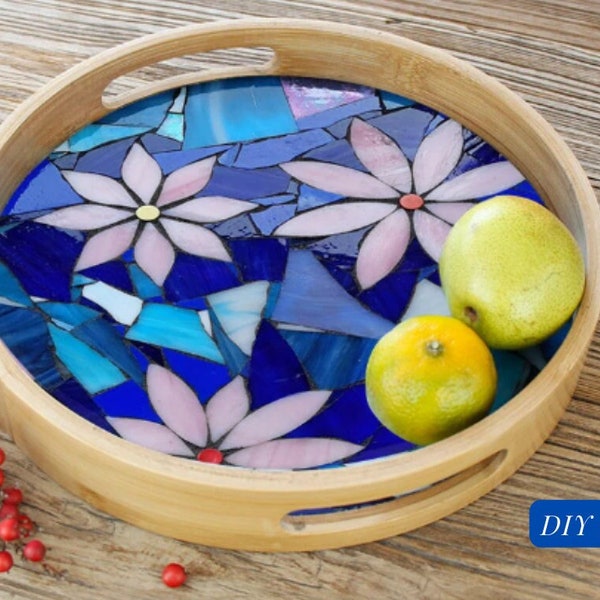 DIY Mosaic wooden tray, DIY food tray, mosaic glass diy kit - Pink flowers & Blue mosaic Tray