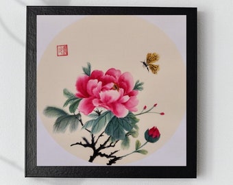 Original Hand Painted Wall Art - Butterfly Peony - Frame included, Asian wall art by artist Ling