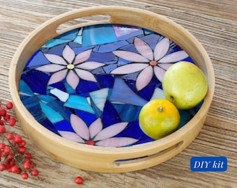 DIY Mosaic wooden tray, DIY food tray, mosaic glass diy kit - Pink flowers & Blue mosaic Tray