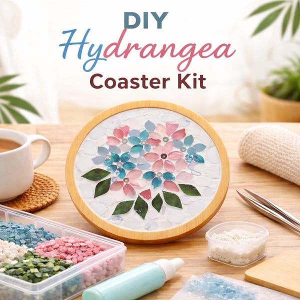 Kit para fazer porta-copos em mosaico de hortênsia, kit de artesanato floral para adultos, porta-copos com flor de hortênsia, kit de mosaico para iniciantes, ideia de presente artesanal.