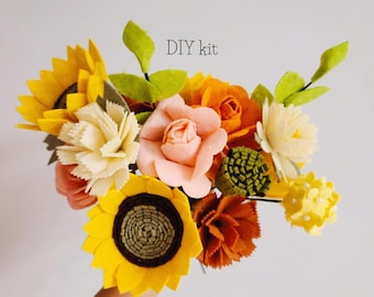DIY Felt flower bouquet - multiple flowers bouquet, Felt flowers DIY kit, No Cutting, Sunflowers, Daisies, Carnations, Roses, Hydrangea