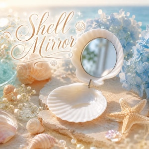 May include: A white, clam-shaped compact mirror with a hinged design. The top shell contains a circular mirror, while the bottom shell is open. The text "Shell Mirror" is written in elegant, cursive script above the object in the image.