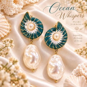 May include: Teal and white shell-shaped earrings featuring a central pearl and a large, irregular dangling pearl drop. The text Ocean Whispers Pearl Earrings Inspired by the beauty of the sea is visible in the upper right corner of the image.