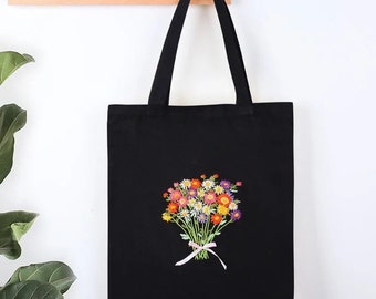 Embroidery tote bag, DIY embroidery bag, embroidery kit, embroidery bag, flower embroidery bag, cat embroidery bag, embroidery canvas bag