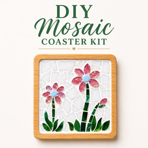 Kit DIY para fazer porta-copos em mosaico de flores silvestres rosa, kit de artesanato para iniciantes, ideia de presente feito à mão, kit de mosaico floral, projeto de arte DIY relaxante