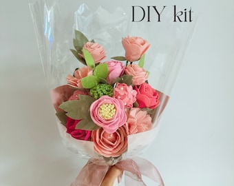 DIY Pink felt flower bouquet kit -  Felt flower bouquet kit for Valentines day, Mother's day, Roses, Peony, Hydrangea, Birthday gift, DIY