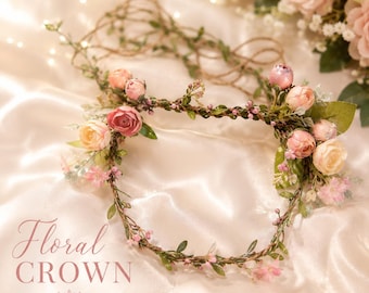 Silk Pearl Rose Flower Crown | Pink Rose Halo Crown | Fairy Woodland Wedding Headband | Renaissance Festival Hair