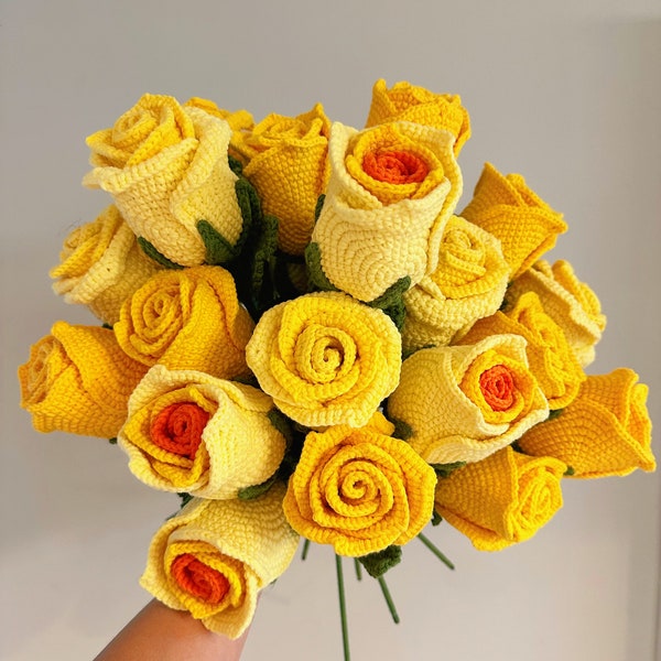 Crochet Yellow Roses bouquet - handmade finished roses, 20 stems, wrapped for gifts, mother's day, valentine's day gift