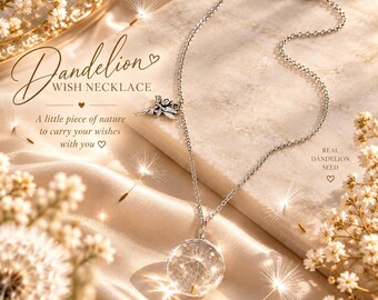 Real Dandelion Seed Necklace, Dandelion Wish Pendant, Fairy Charm Necklace, Nature Inspired Jewelry, Botanical Gift for Her, Make a Wish
