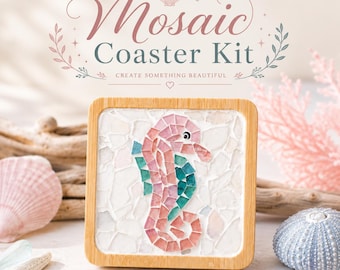 Kit para hacer posavasos de mosaico de caballito de mar, kit de manualidades playeras, kit de arte de mosaico oceánico, manualidad DIY para principiantes, regalo de decoración costera, posavasos hechos a mano.