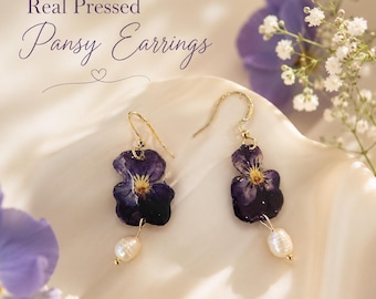 Real Pressed Purple Pansy Earrings, Botanical Flower Earrings, Handmade Floral Jewelry, Nature Inspired Gift for Her, Cottagecore
